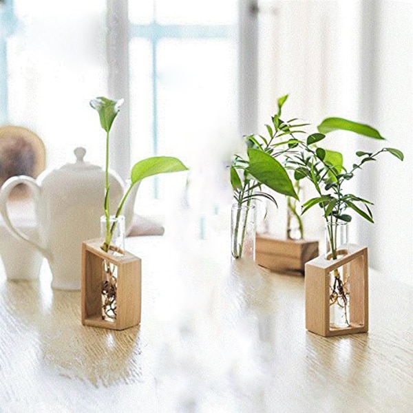 Hot Sale Crystal Glass Test Tube Vase in Wooden Stand Flower Pots for Hydroponic Plants Home Garden Decoration